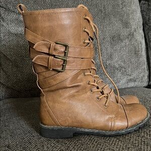 Tan Lace-Up Combat Boots with Buckle Detail